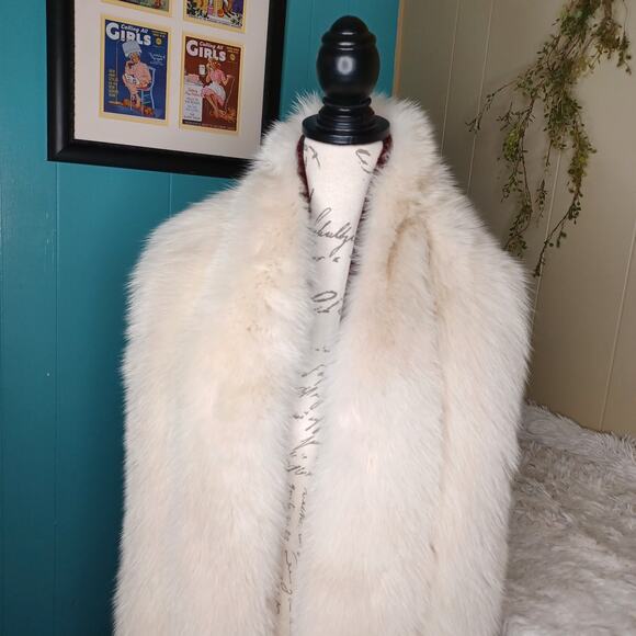 Real Luxurious Natural Beige Fox Warmth Fur Double Sided Boa Stole Scarf Tails - Picture 2 of 13